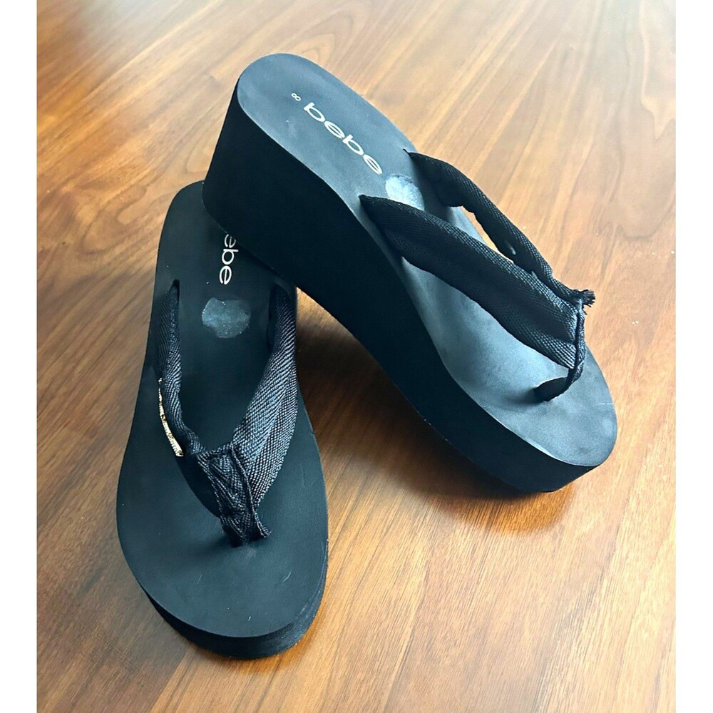 bebe Women’s Black Nylon Thong Platform Wedge Slip-On Sandals Logo US 8